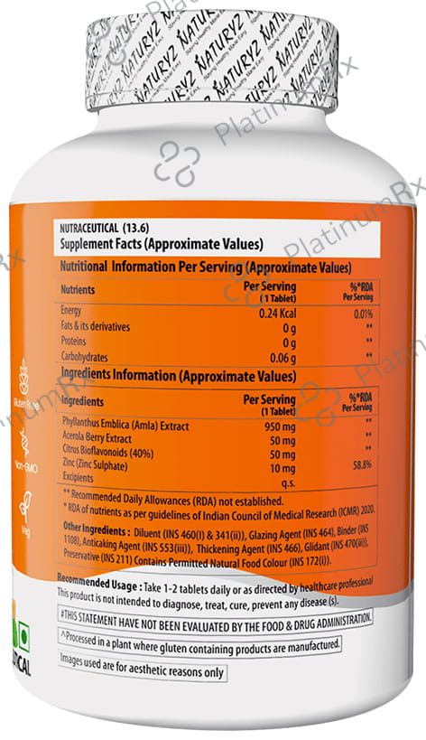 Naturyz Double Strength Natural Vitamin C Zinc Supplement Supports Immunity & Skincare Tablet