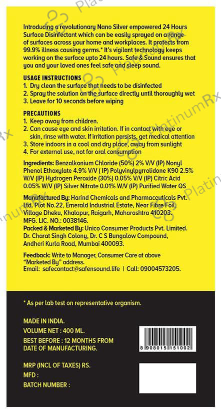 Safe & Sound Nano Silver 24 Hrs. Surface Disinfectant with Spray Bottle 400 ml