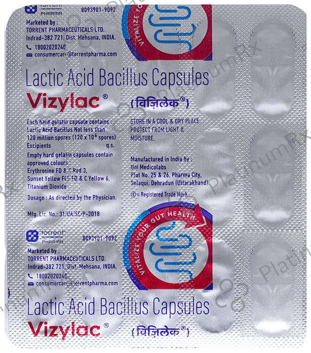 Vizylac Lactic Acid 120M Bacillus For Gut Health Capsule 15s