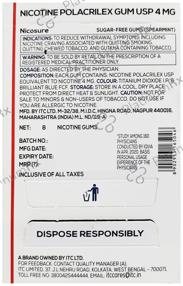 Nicosure 4mg Nicotine Polacrilex USP Gum Spearmint- Sugar Free