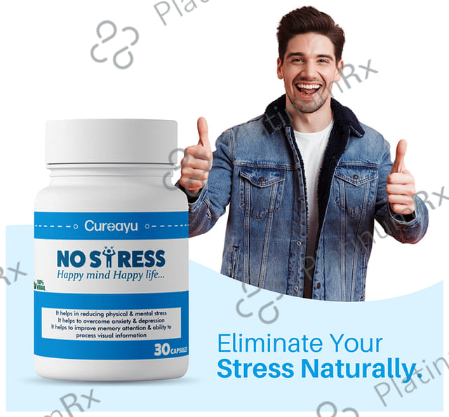 Cureayu No Stress Ayurvedic Capsule - For Improved Mental Health - Natural Stress Reliever - Calms Mind - Improves Anxiety & Depression - Potent Mood Enhancer - 100 % Herbal