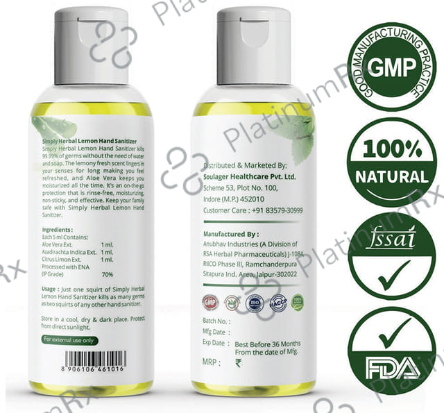 Simply Herbal Hand Sanitizer with Lemon,Neem & Aloevera Kills 99.99% Germs & Bacteria Sanitizer