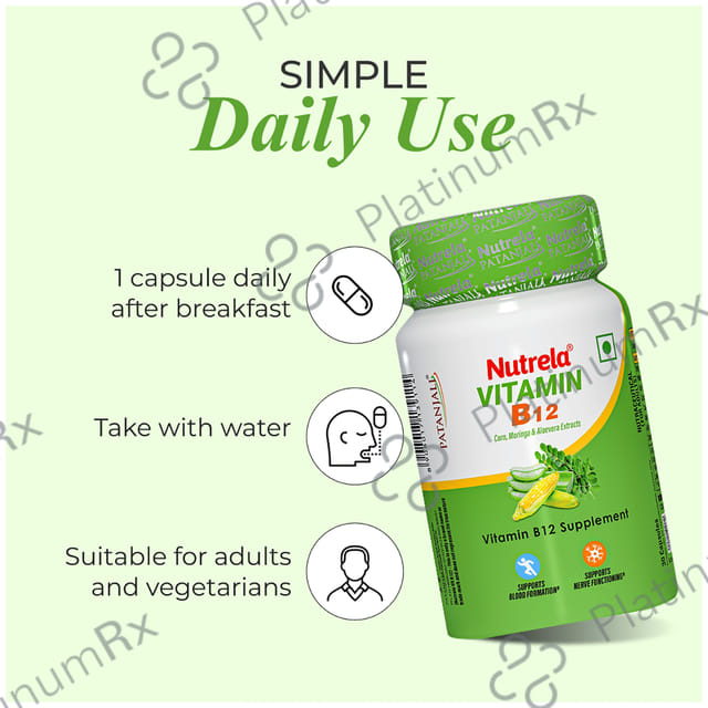 Patanjali Nutrela Vitamin B12 Bio-Fermented for Nerve Strengthening & Brain Function - Capsule