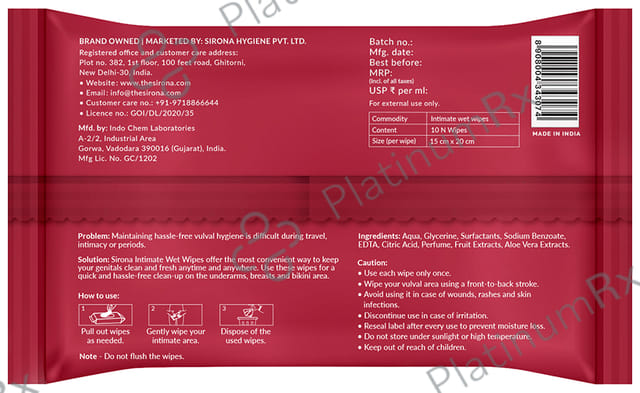 Sirona Intimate Wet Wipes 10 wipes