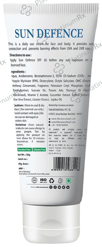 TNW The Natural Wash SPF 50 Sun Defence Cream 50gm