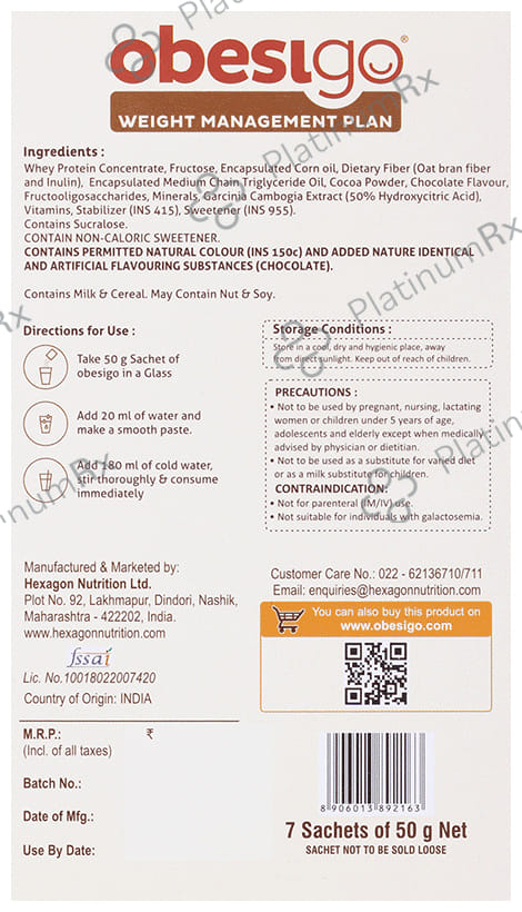 Obesigo Whey Protein Chocolate Shake Sachet 50gm