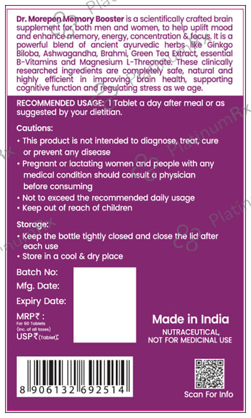 Dr. Morepen Memory Booster - With Gingko & Brahmi for Focus, Memory & Mood - Tablet