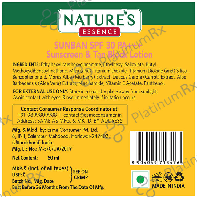 Nature's Essence Sunban Sunscreen & Tan Block SPF 30 PA+++ Lotion 60 ml