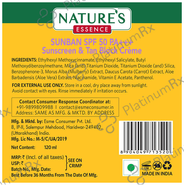 Nature's Essence Sunban Sunscreen & Tan Block Lotion SPF 50 PA+++ 120 ml