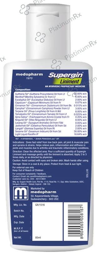 Supergin Liniment Fast Ayurvedic Pain Relief Formula 85 Liniment