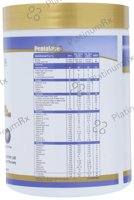 PentaSure Complete Balanced Nutrition with Prebiotic FOS & BCAA - Flavour Vanilla Powder 400 Powder