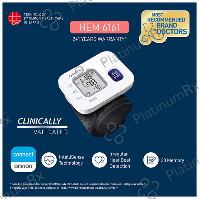 Omron HEM 6161 Fully Automatic Wrist Blood Pressure Monitor White