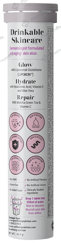 Wellbeing Nutrition Skin Fuel with Collagen, Glutathione & Hyaluronic Acid - Effervescent Tablet - Flavour Blueberry & Mint 1 Bottle