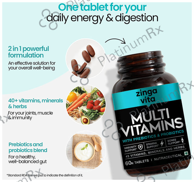 Zingavita Multi Vitamins with Probiotics & Prebiotics - For Immunity, Stamina, Bones & Gut Health -