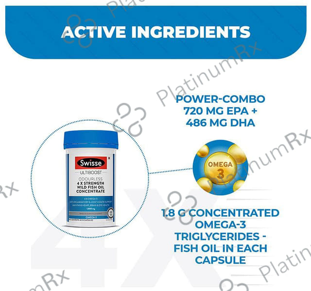 Swisse Ultiboost Odourless 4X Strength Wild Fish Oil - With 1800mg Omega 3 for Joints, Heart, Brain & Eyes - Capsule