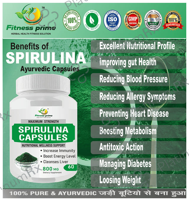 Fitness Prime Maximum Strength Spirulina Nutritional Wellness Support 800mg Capsule