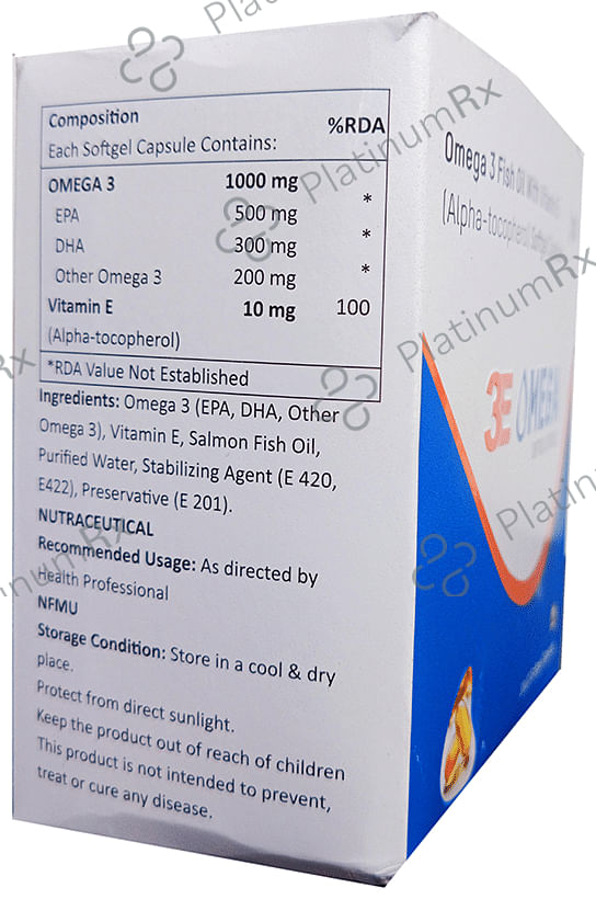 H & A Pharma 3E Omega Soft Gelatin Capsule- Omega 3 Fatty acid 1000mg - EPA 500mg, DHA 300mg - Vitamin E 10mg