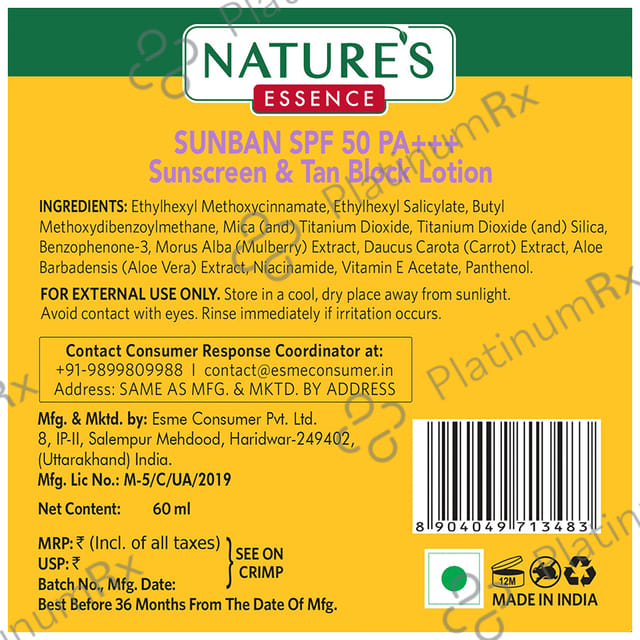 Nature's Essence Sunban Sunscreen & Tan Block SPF 50 PA+++ Lotion 60 ml