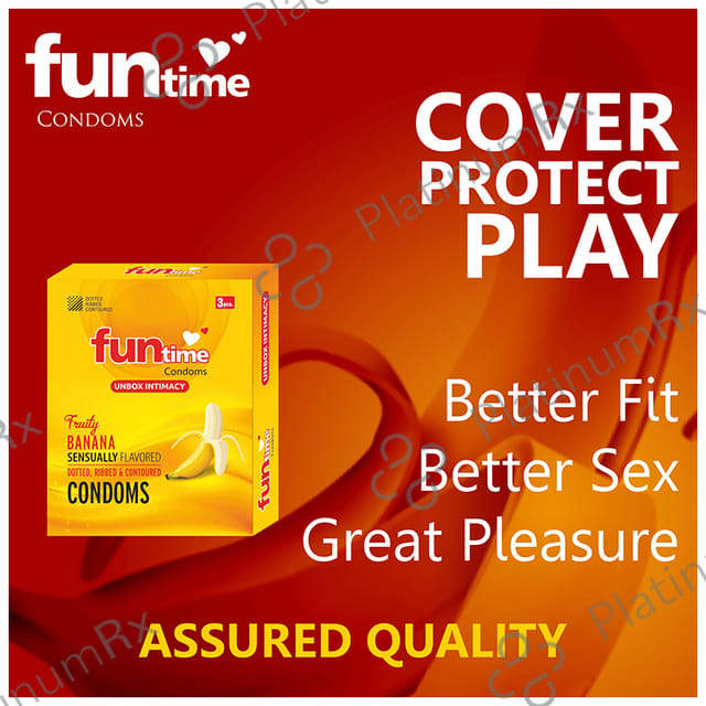 Funtime Dotted Ribbed & Contoured Fruity Banana Flavour Condom 3s