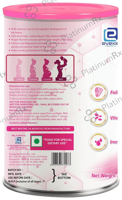 Evexia GraviPro with DHA, Iron & Folic Acid for Nutrition during Pregnancy Flavour Vanilla Powder 200gm
