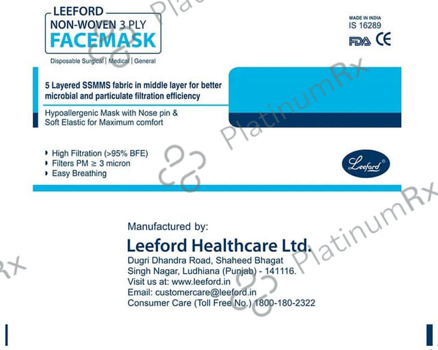 Leeford Non-Woven 3 Ply Facemask with 5 Layered Anti-Microbial Fabric 1 Mask