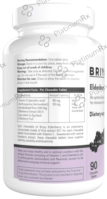 Briyo Elderberry + Vitamin C - Chewable Tablet for Daily Immune & Wellness Support - Flavour Natural Berry
