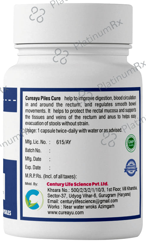 Cureayu Piles Cure Ayurvedic Capsule - Bawasir - Eases bowel movement - Soothes Anal Irritation-100 % Herbal
