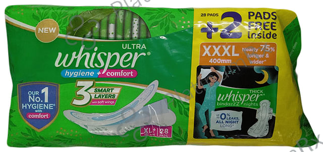 Whisper Ultra Hygiene + Comfort Sanitary Pads XL+ with 2 Whisper Thick Bindazzz Nights Sanitary Pads XXXL Free 28 pads