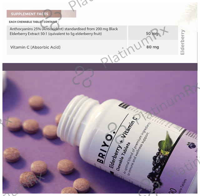 Briyo Elderberry + Vitamin C - Chewable Tablet for Daily Immune & Wellness Support - Flavour Natural Berry