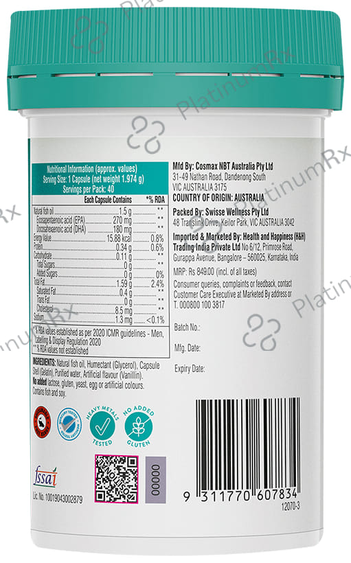 Swisse Ultiboost Odourless High Strength Wild Fish Oil 1500mg Omega 3 Capsule 40s