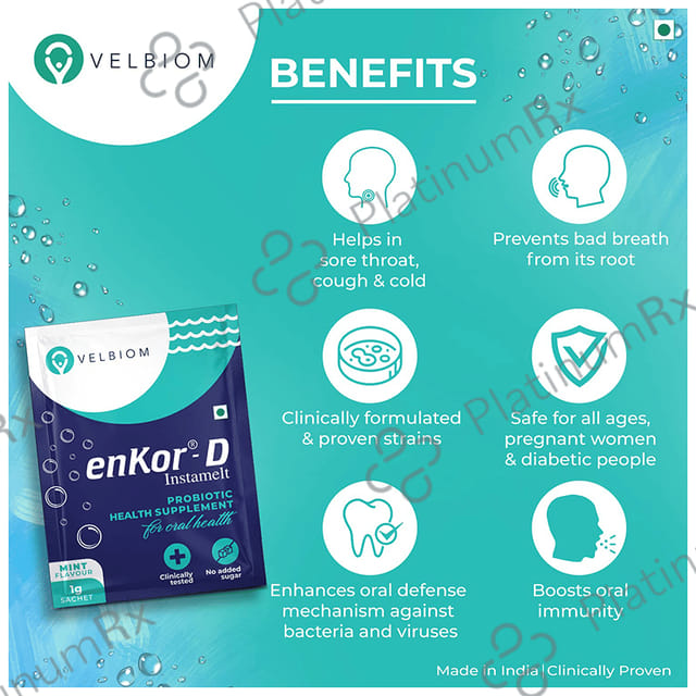 Velbiom Enkor-D Instamelt Probiotic Health Supplement for Oral Health - No Added Sugar - Flavour Mint