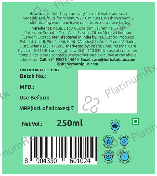 Herbatol Plus Veggie and Fruit Wash (250ml Each) Lemon Extract 1 Bottle