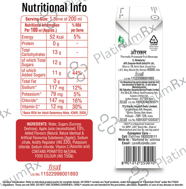 ORSL Electrolyte Drink Apple Flavour Liquid 200ml