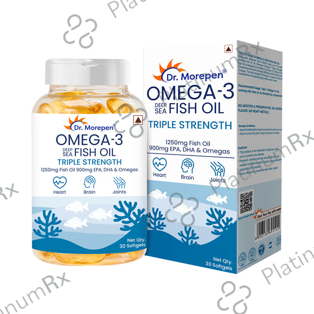 Dr. Morepen Triple Strength Omega 3 Fish Oil 1250mg - Softgel for Heart, Brain & Joints 30 Soft Gelatin Capsule