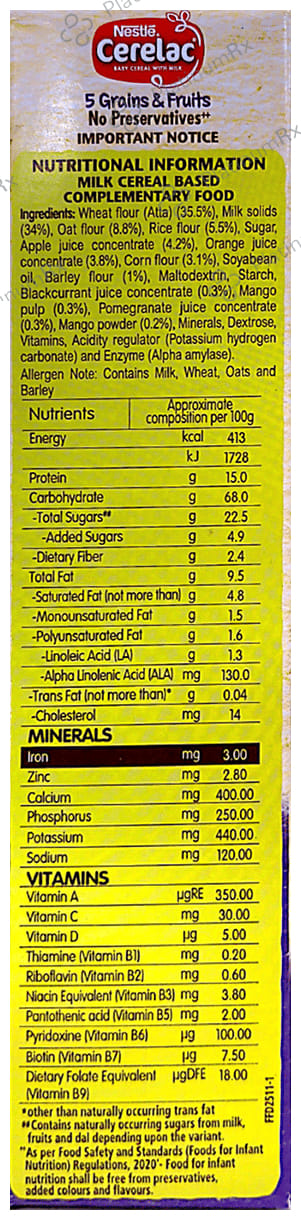Nestle Cerelac Baby Cereal with Iron, Minerals & Vitamins - From 18 to 24 Months - 5 Grains & Fruits