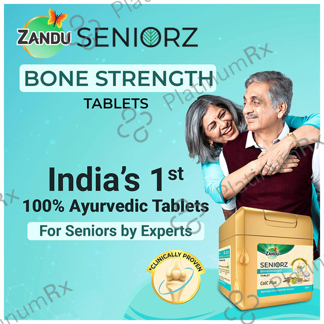 Zandu Seniorz Bone Strength Tablet - 100% Ayurvedic Supplement - Rich in Natural Calcium, Vitamin D3 - with Hadjod - Clinically Proven to Help Increase Bone Mineral Density & Collagen