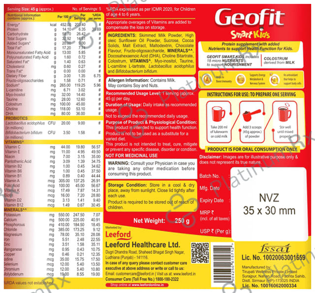 Geofit Kids Protein Powder with DHA,Vitamins & Minerals - Flavour Chocolate