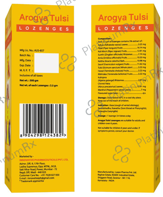 Arogya Tulsi Lozenges (6 Each) Honey Lemon 5 strips
