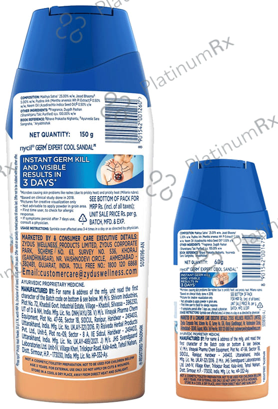 Nycil Germ Expert Cool Sandal Prickly Heat Powder with Nycil Cool Herbal 50gm Free