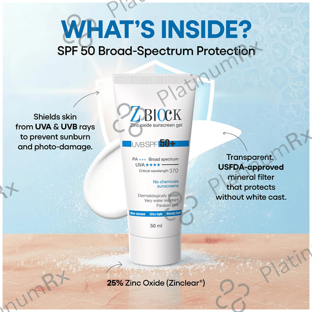 Z Block 25% Zinc Oxide Sunscreen UVB SPF 50+ Gel 50gm
