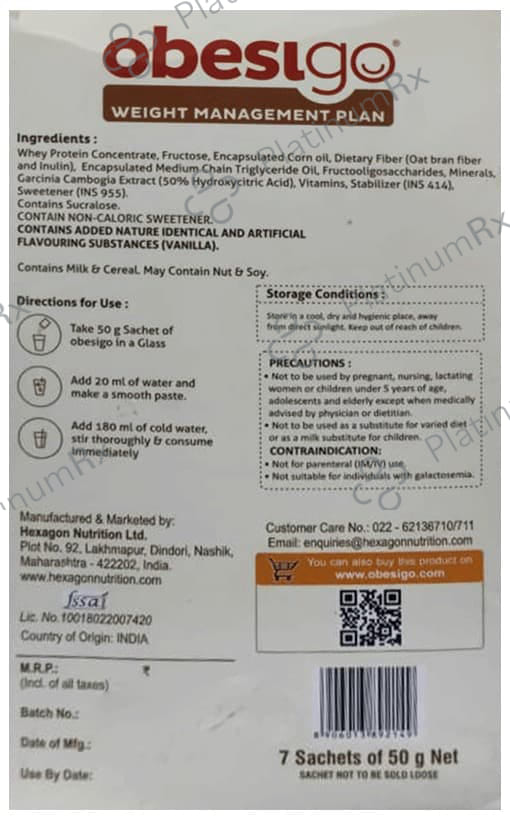 Obesigo Whey Protein Vanilla Flavour Sachet 7s