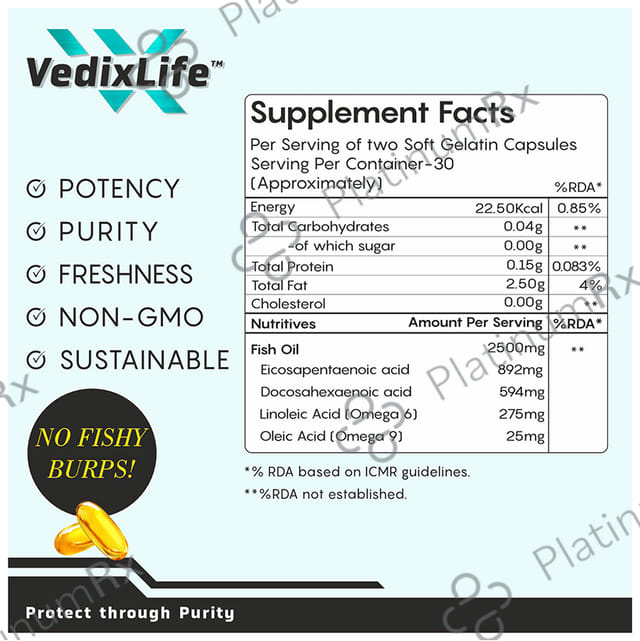 VedixLife High Strength Omega 3 Fish Oil 2500mg Softgel Capsule