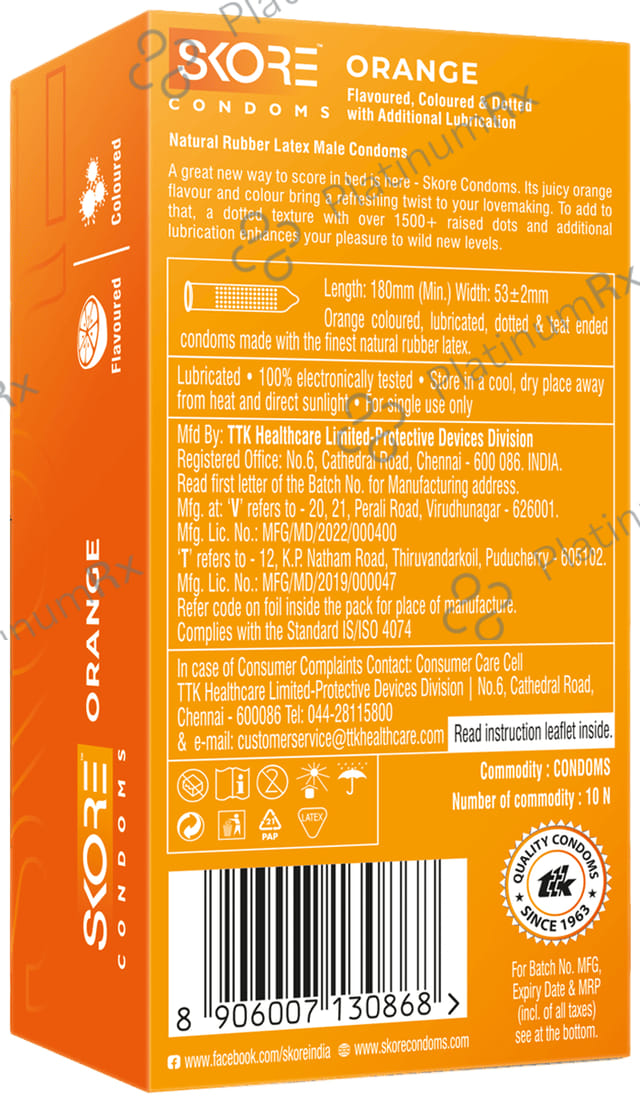 Skore Flavored Dotted & Coloured Orange Flavour Condoms 10s