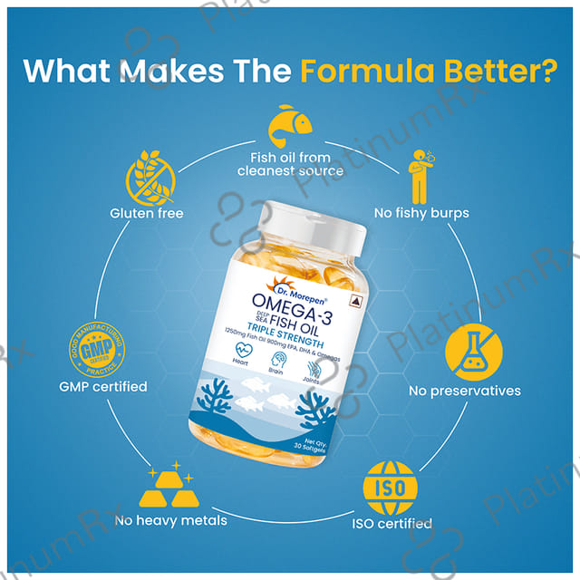 Dr. Morepen Triple Strength Omega 3 Fish Oil 1250mg - Softgel for Heart, Brain & Joints 30 Soft Gelatin Capsule