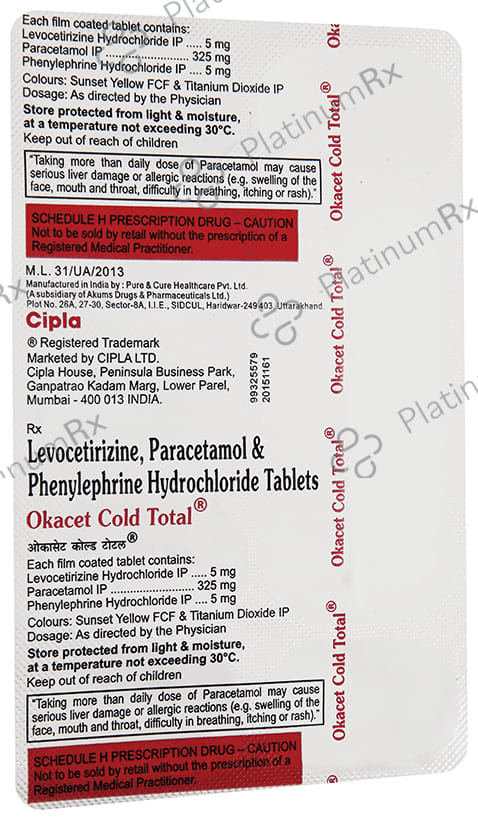 Okacet Cold Total 5/5/325mg Tablet 10s