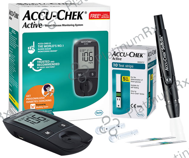 Accu Chek Active Blood Glucometer Kit (Box of 10 Test strips Free)