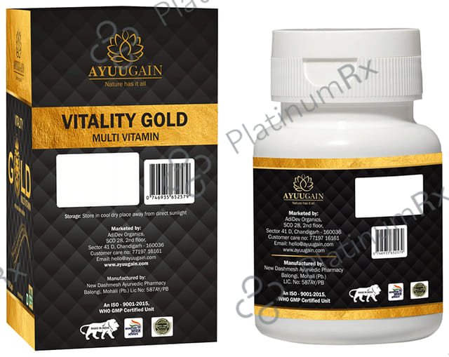 Ayuugain Vitality Gold Capsule Multivitamin For Energy, Stamina & Immunity Booster with Pure Swarna Bhasma for Men (60 Capsule) Capsule