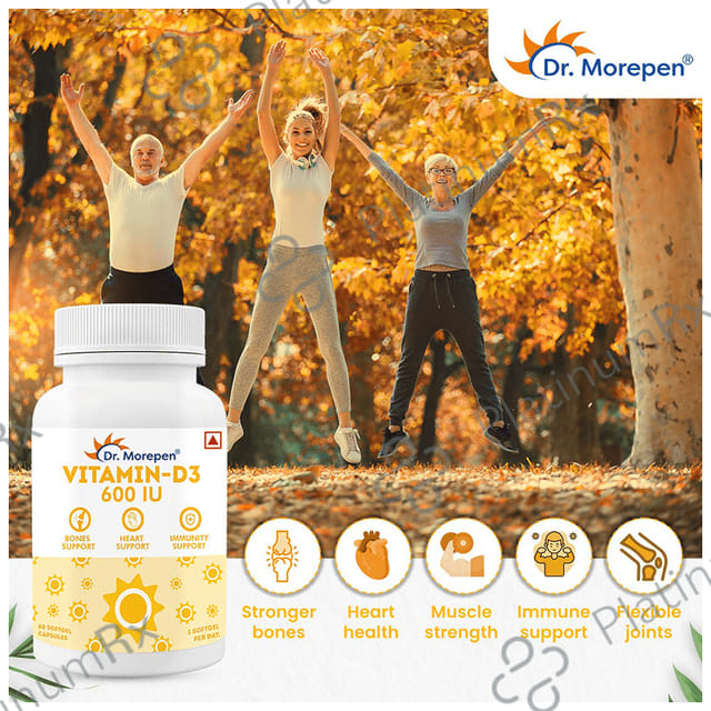 Dr. Morepen Vitamin-D3 600 IU - Softgel Capsule for Bones, Heart & Immunity