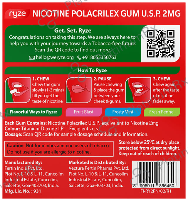 Ryze Nicotine Gums 2mg (9 Each) Royal Paan