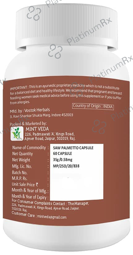Mint Veda Saw Palmetto Vegetarian Capsules for Prostate Health and Hair Growth